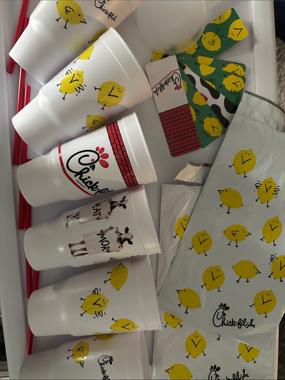 Chick Fil A lot 6 collectible cups doodles lemon cow set bags lids bookmarks